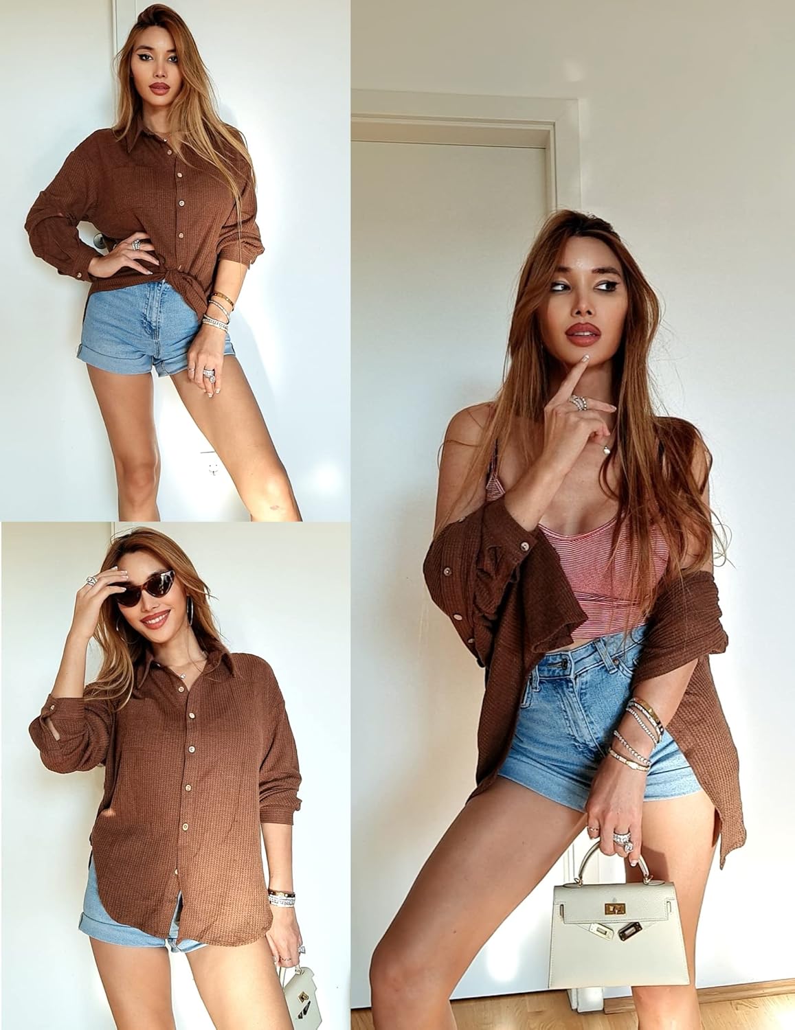 HOTOUCH Waffle Button Down Shirt Women Casual Knit Tops Long Sleeve Loose Fit Shacket with PocketCoffee