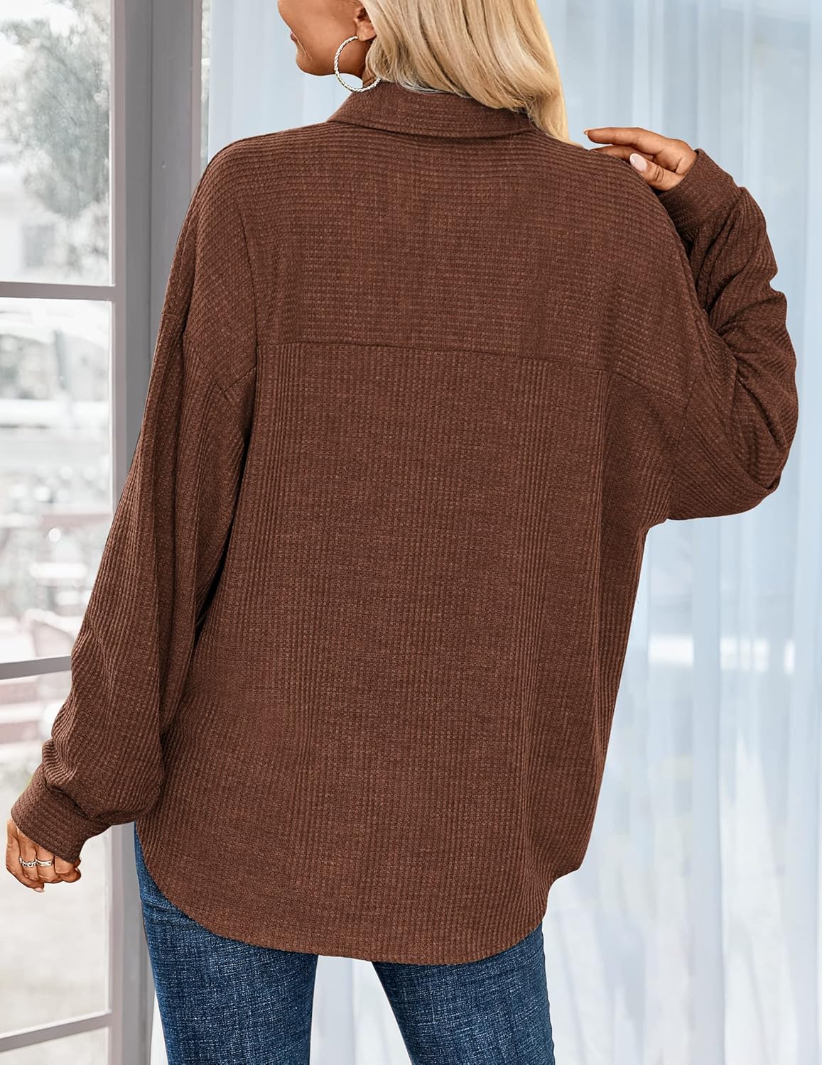HOTOUCH Waffle Button Down Shirt Women Casual Knit Tops Long Sleeve Loose Fit Shacket with PocketCoffee