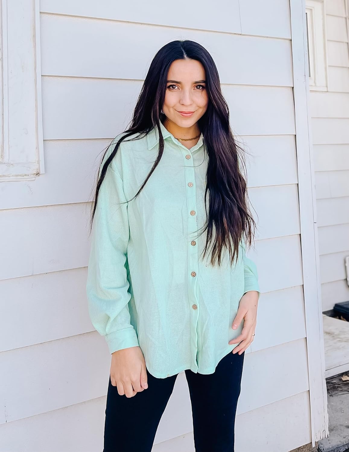 HOTOUCH Waffle Button Down Shirt Women Casual Knit Tops Long Sleeve Loose Fit Shacket with PocketGreen