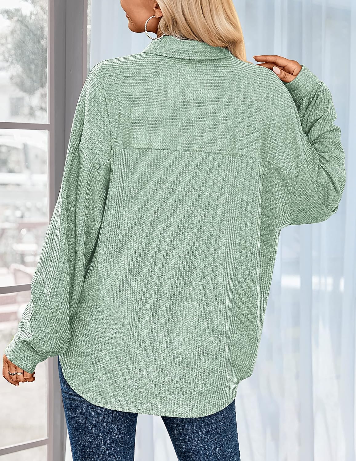 HOTOUCH Waffle Button Down Shirt Women Casual Knit Tops Long Sleeve Loose Fit Shacket with PocketGreen