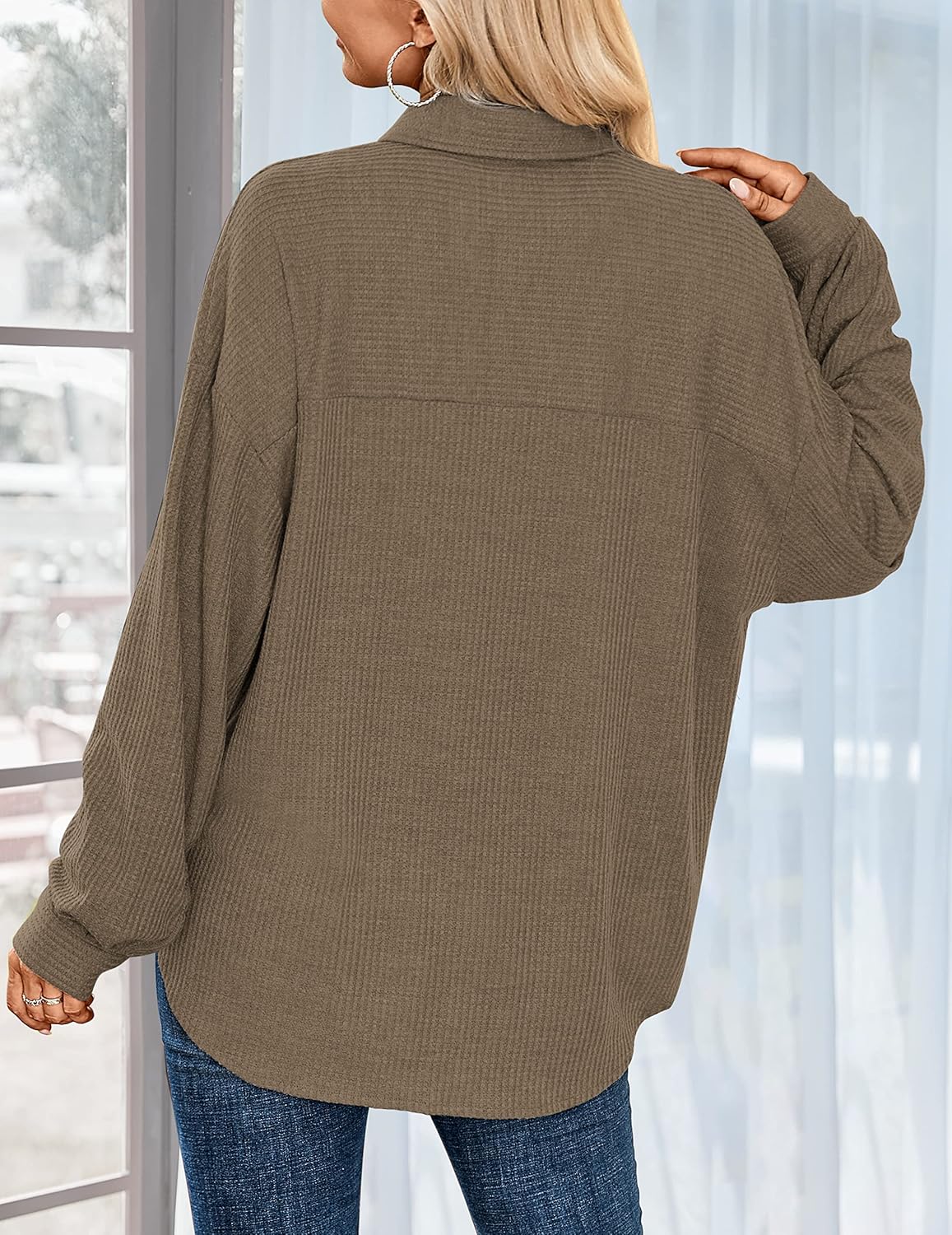 HOTOUCH Waffle Button Down Shirt Women Casual Knit Tops Long Sleeve Loose Fit Shacket with PocketOlive Green