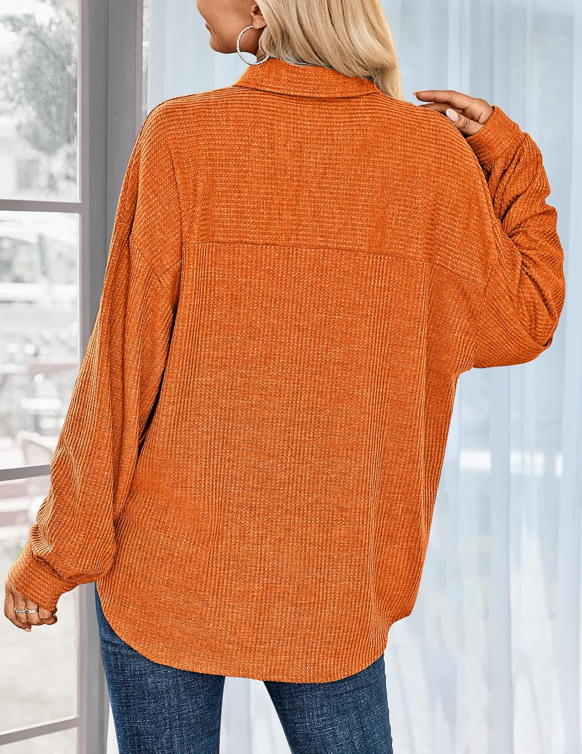 HOTOUCH Waffle Button Down Shirt Women Casual Knit Tops Long Sleeve Loose Fit Shacket with PocketOrange