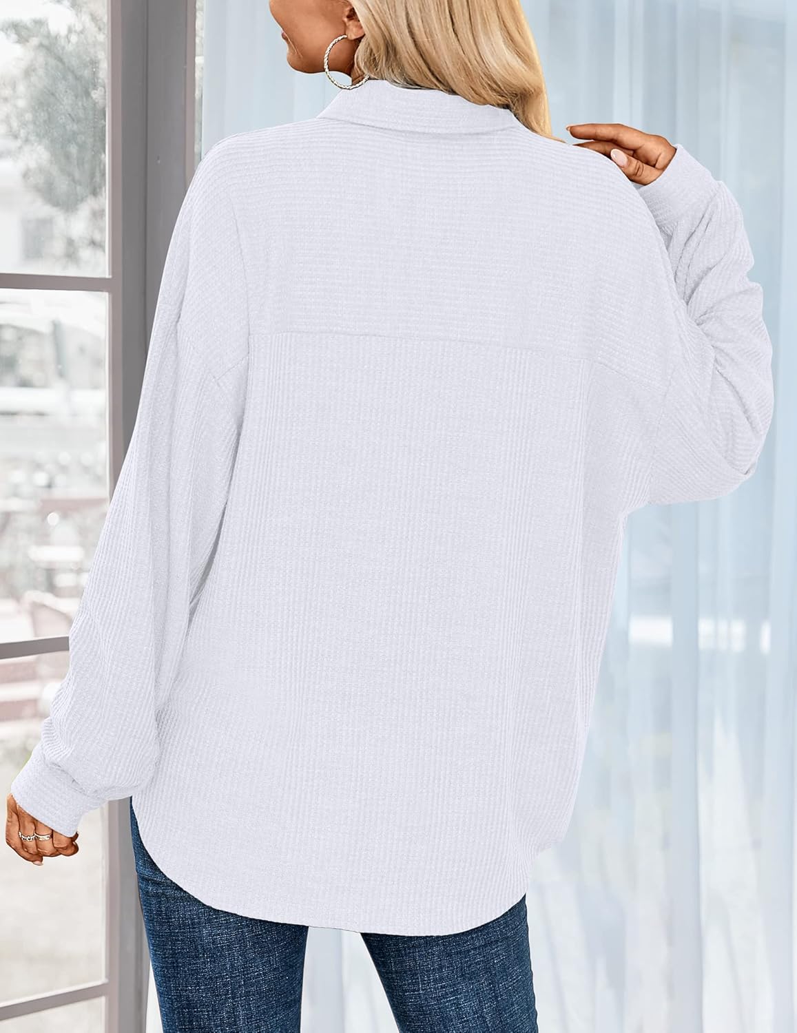 HOTOUCH Waffle Button Down Shirt Women Casual Knit Tops Long Sleeve Loose Fit Shacket with PocketWhite