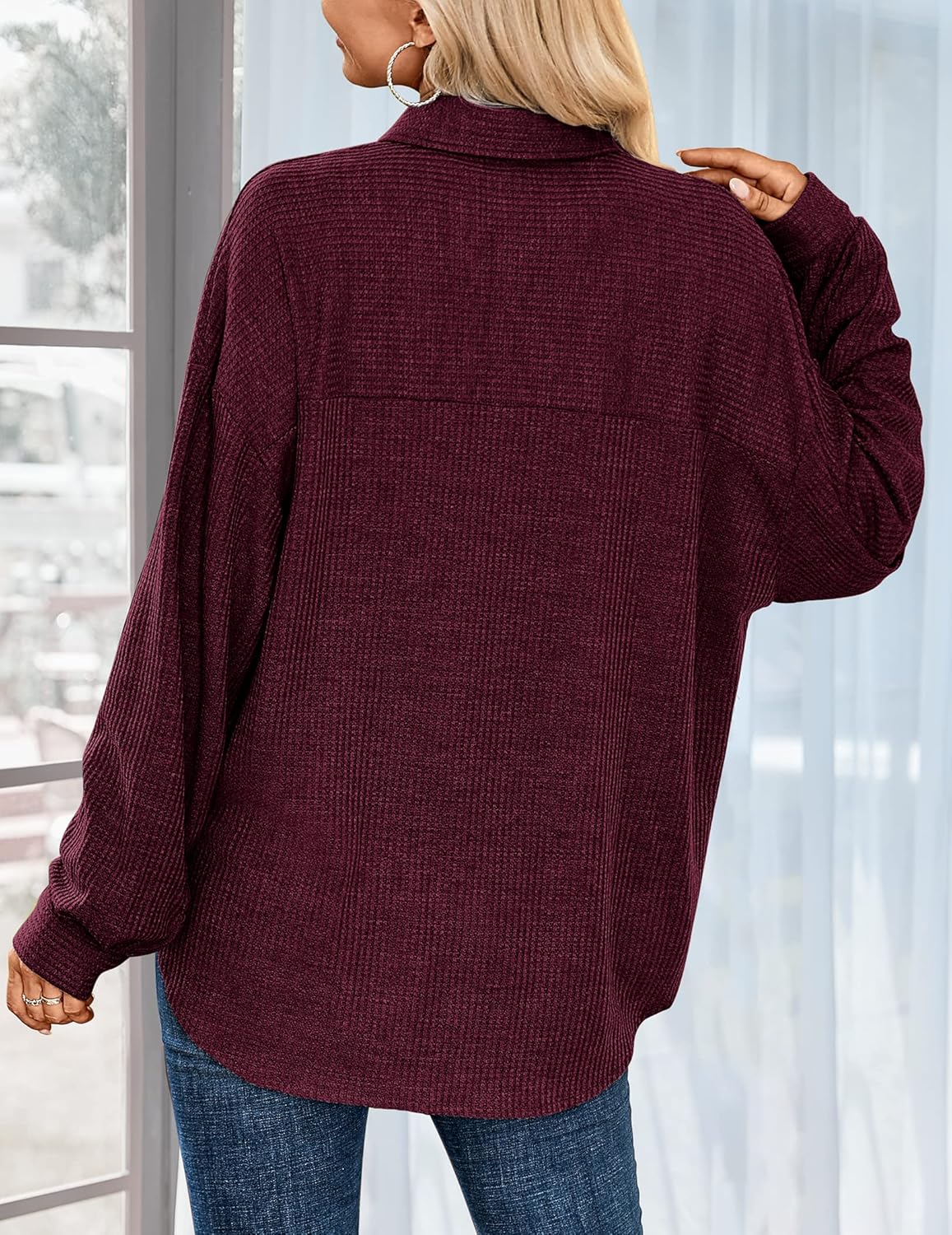 HOTOUCH Waffle Button Down Shirt Women Casual Knit Tops Long Sleeve Loose Fit Shacket with PocketWine Red