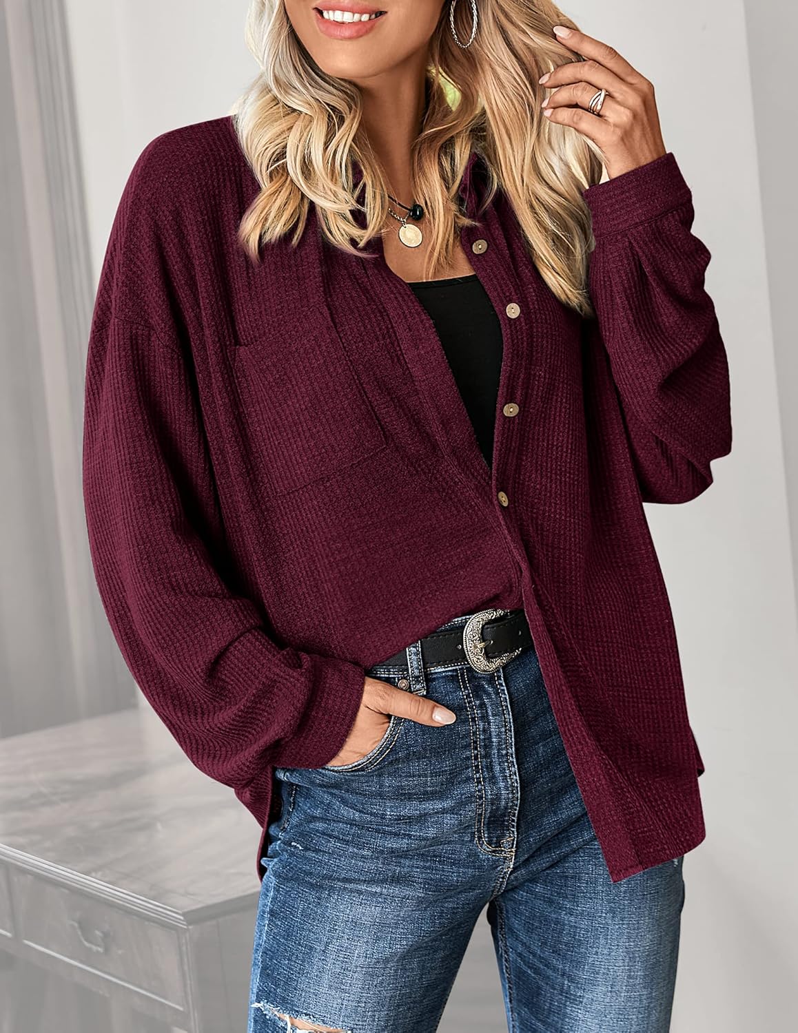 HOTOUCH Waffle Button Down Shirt Women Casual Knit Tops Long Sleeve Loose Fit Shacket with PocketWine Red