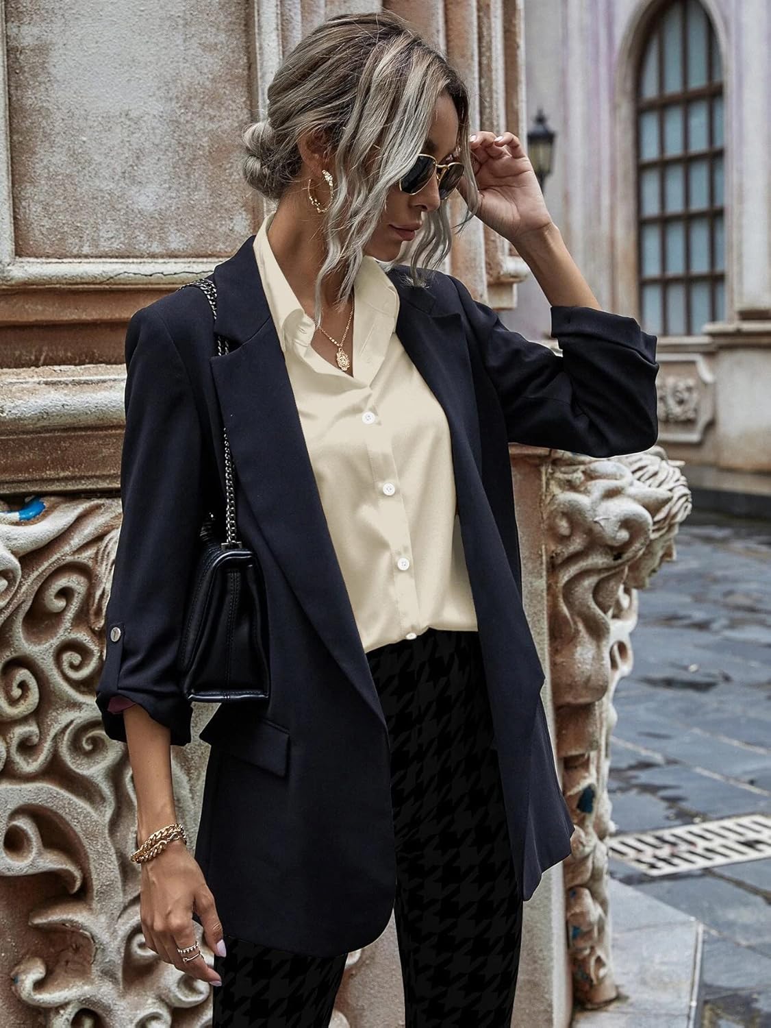 HOTOUCH Women Button Down Shirts Office Drop Shoulder Oversized Blouse Long Sleeve Boyfriend Dress Shirt with PocketsBeige