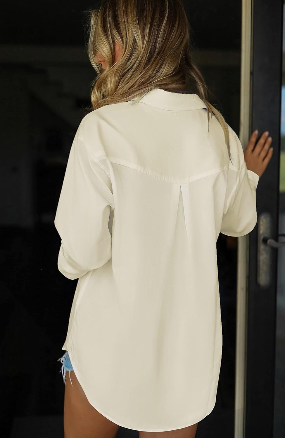 HOTOUCH Women Button Down Shirts Office Drop Shoulder Oversized Blouse Long Sleeve Boyfriend Dress Shirt with PocketsBeige