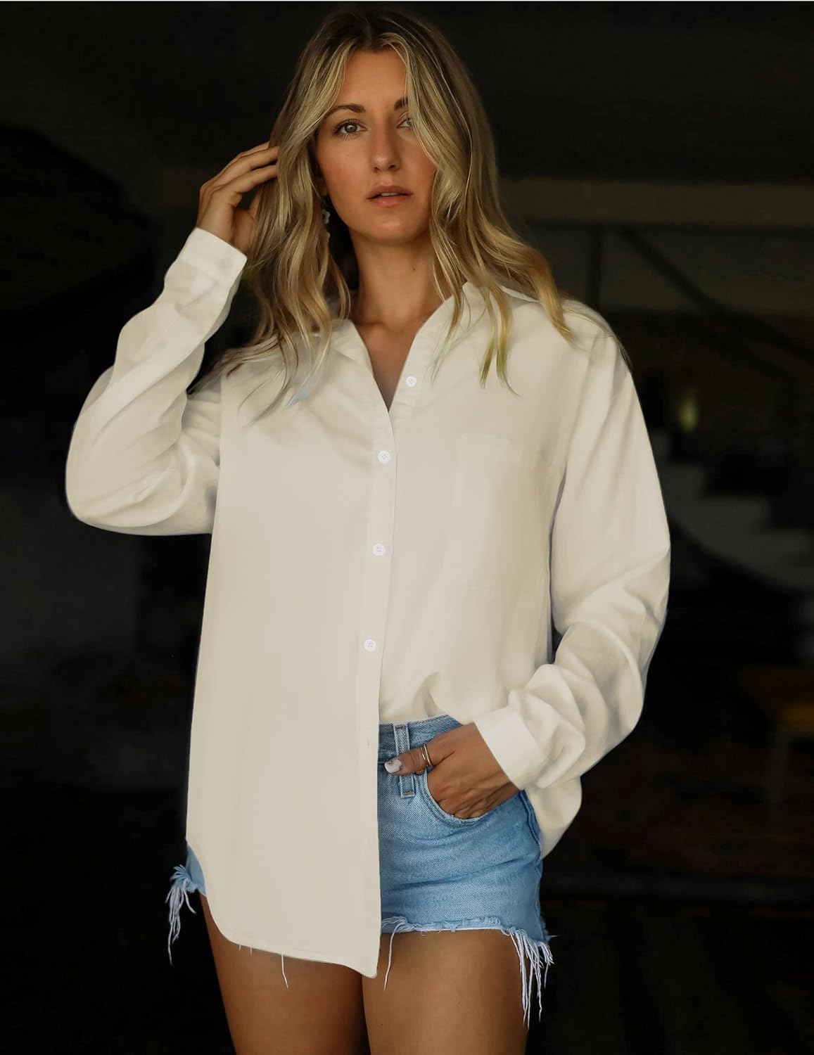 HOTOUCH Women Button Down Shirts Office Drop Shoulder Oversized Blouse Long Sleeve Boyfriend Dress Shirt with PocketsBeige
