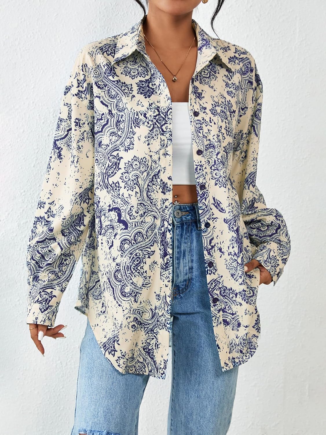 HOTOUCH Women Button Down Shirts Office Drop Shoulder Oversized Blouse Long Sleeve Boyfriend Dress Shirt with PocketsBlue Print