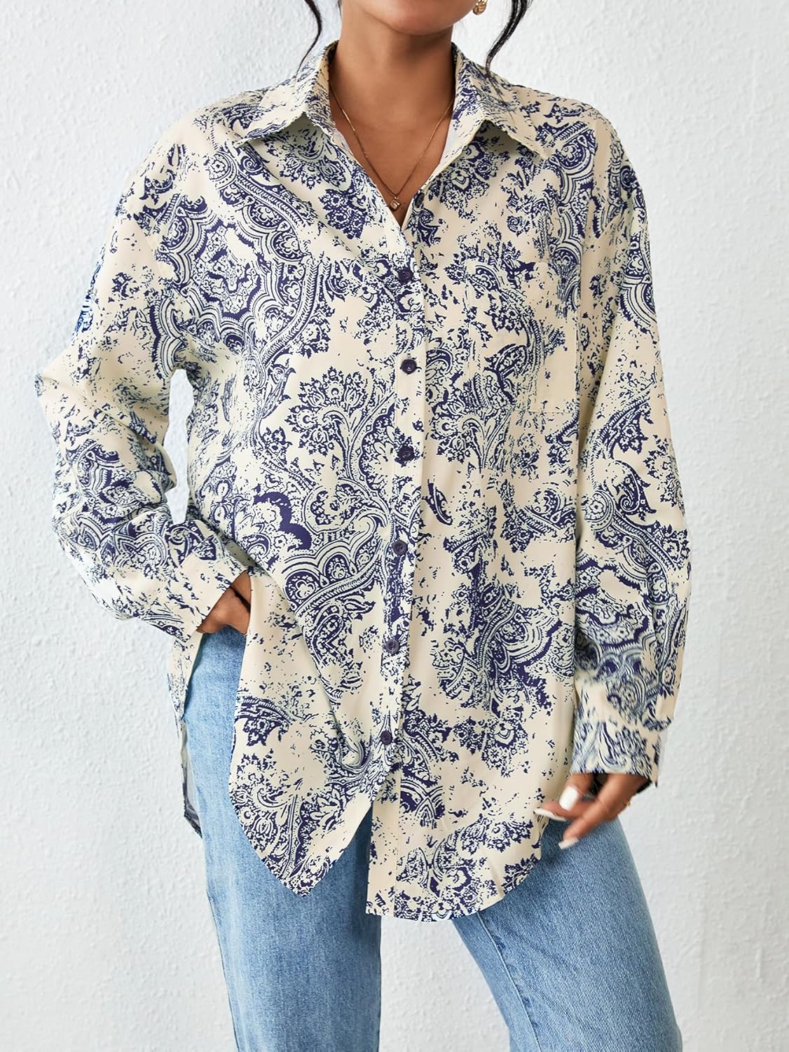 HOTOUCH Women Button Down Shirts Office Drop Shoulder Oversized Blouse Long Sleeve Boyfriend Dress Shirt with PocketsBlue Print