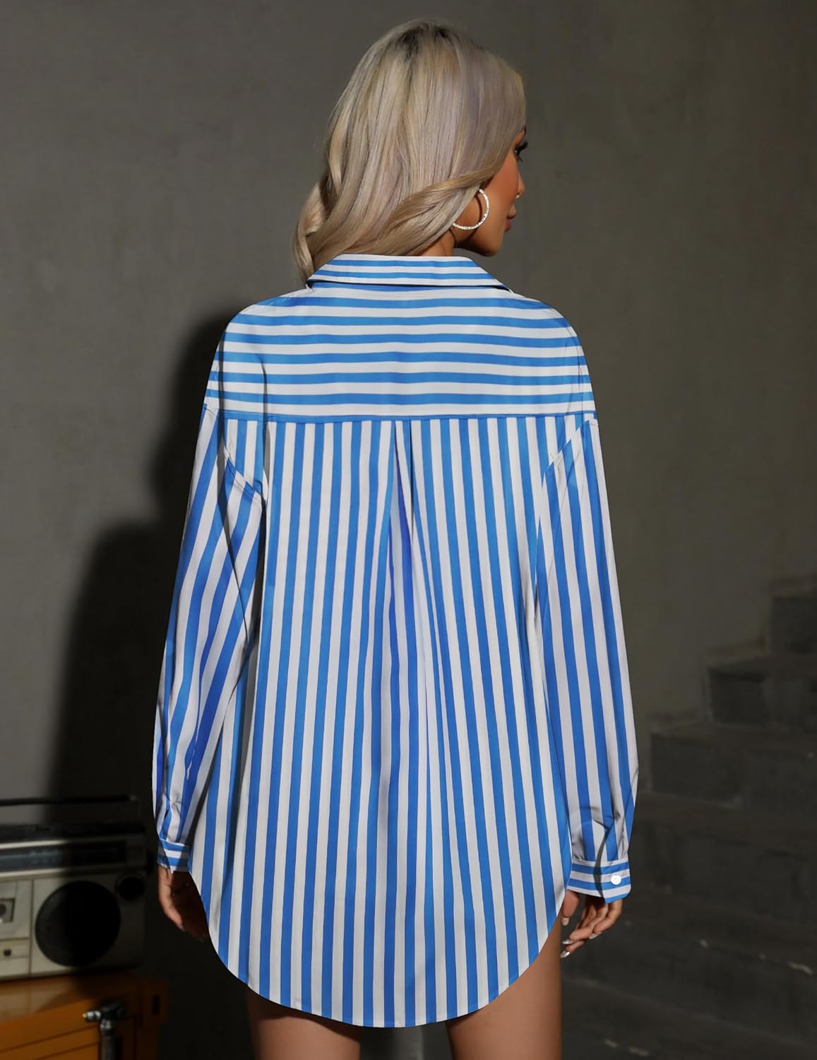 HOTOUCH Women Button Down Shirts Office Drop Shoulder Oversized Blouse Long Sleeve Boyfriend Dress Shirt with PocketsBlue Stripes