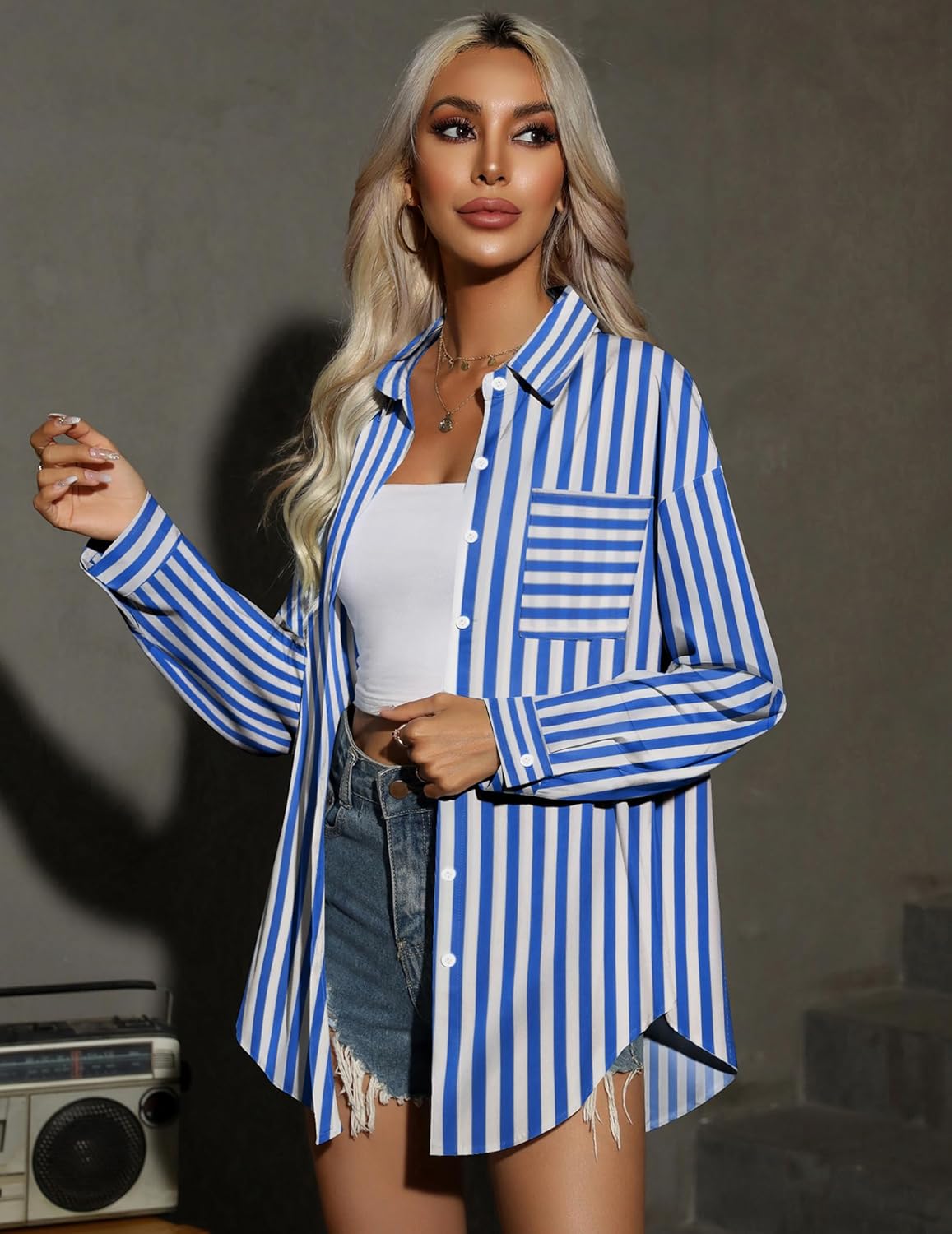HOTOUCH Women Button Down Shirts Office Drop Shoulder Oversized Blouse Long Sleeve Boyfriend Dress Shirt with PocketsBlue Stripes