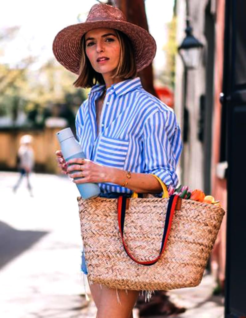 HOTOUCH Women Button Down Shirts Office Drop Shoulder Oversized Blouse Long Sleeve Boyfriend Dress Shirt with PocketsBlue Stripes