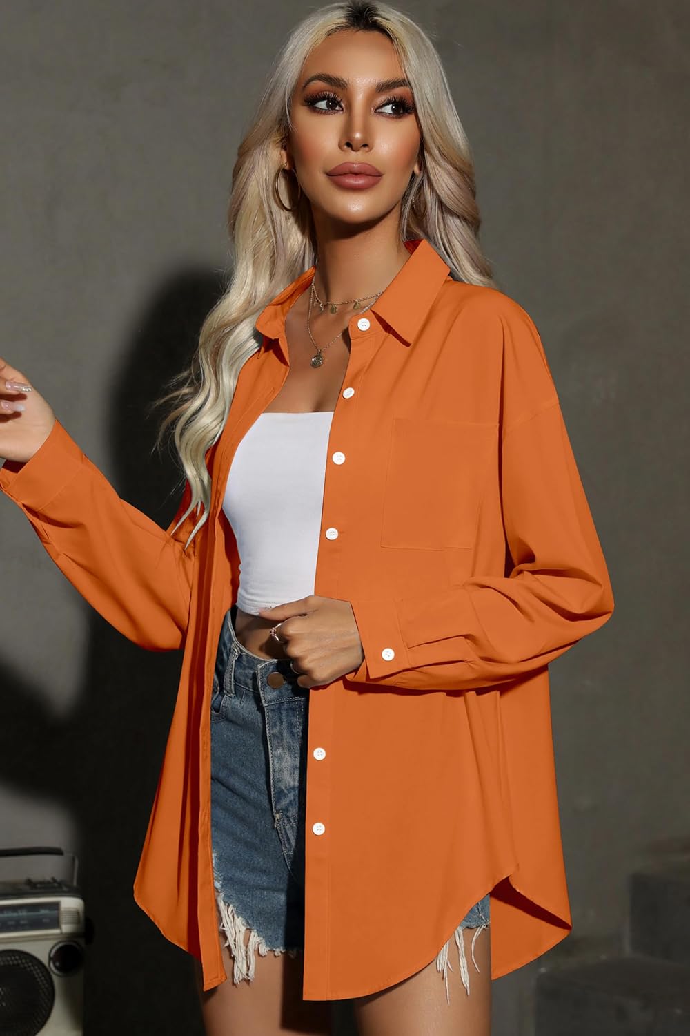 HOTOUCH Women Button Down Shirts Office Drop Shoulder Oversized Blouse Long Sleeve Boyfriend Dress Shirt with PocketsBurnt Orange