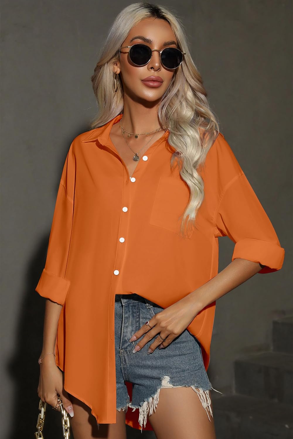 HOTOUCH Women Button Down Shirts Office Drop Shoulder Oversized Blouse Long Sleeve Boyfriend Dress Shirt with PocketsBurnt Orange