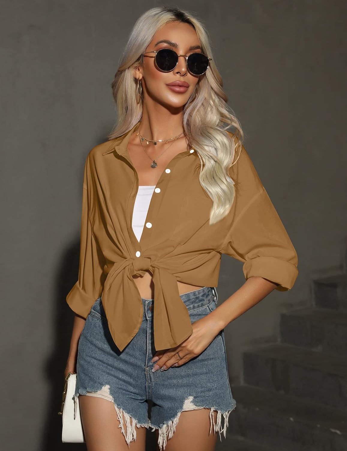 HOTOUCH Women Button Down Shirts Office Drop Shoulder Oversized Blouse Long Sleeve Boyfriend Dress Shirt with PocketsDark Khaki