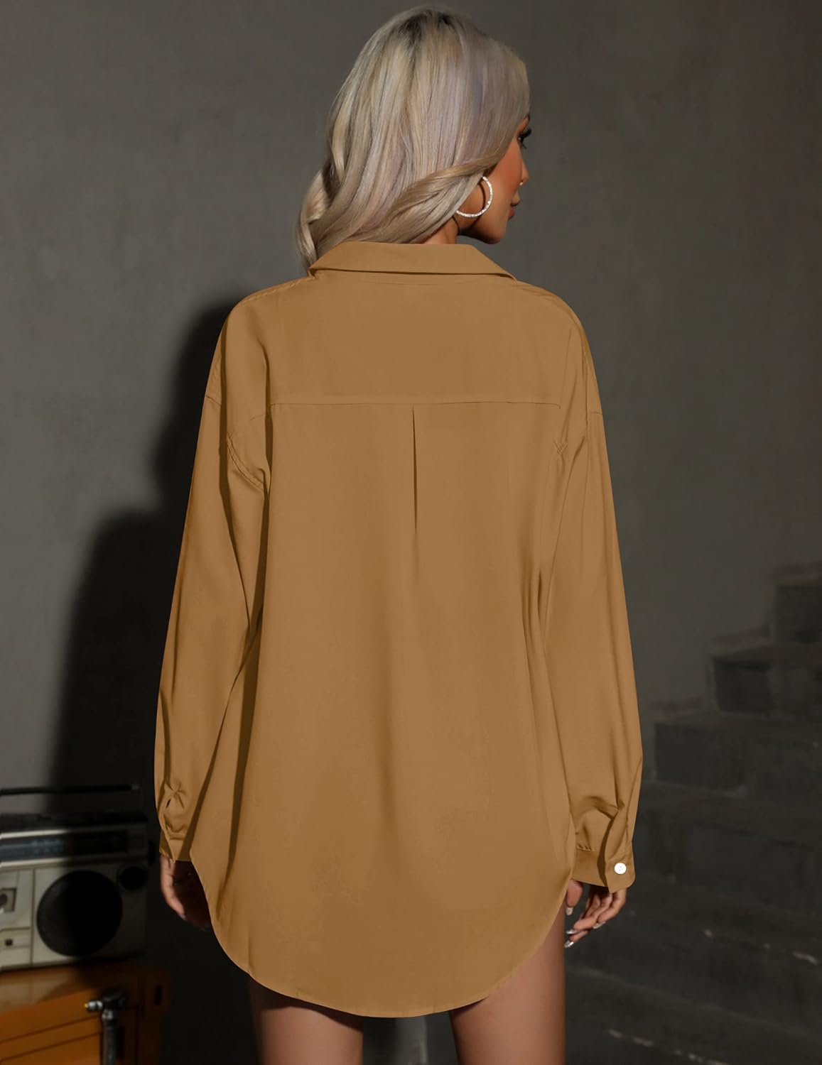 HOTOUCH Women Button Down Shirts Office Drop Shoulder Oversized Blouse Long Sleeve Boyfriend Dress Shirt with PocketsDark Khaki
