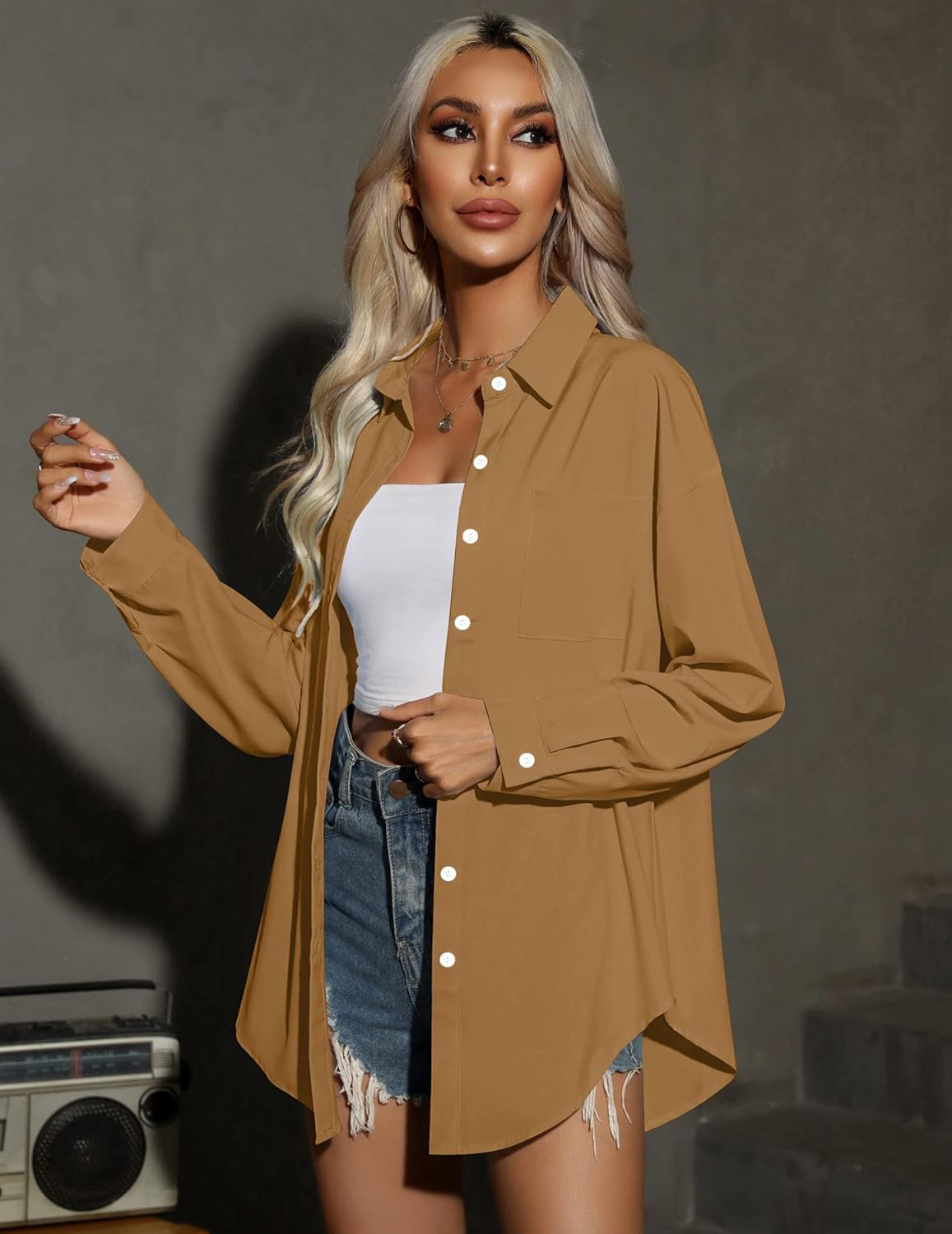 HOTOUCH Women Button Down Shirts Office Drop Shoulder Oversized Blouse Long Sleeve Boyfriend Dress Shirt with PocketsDark Khaki