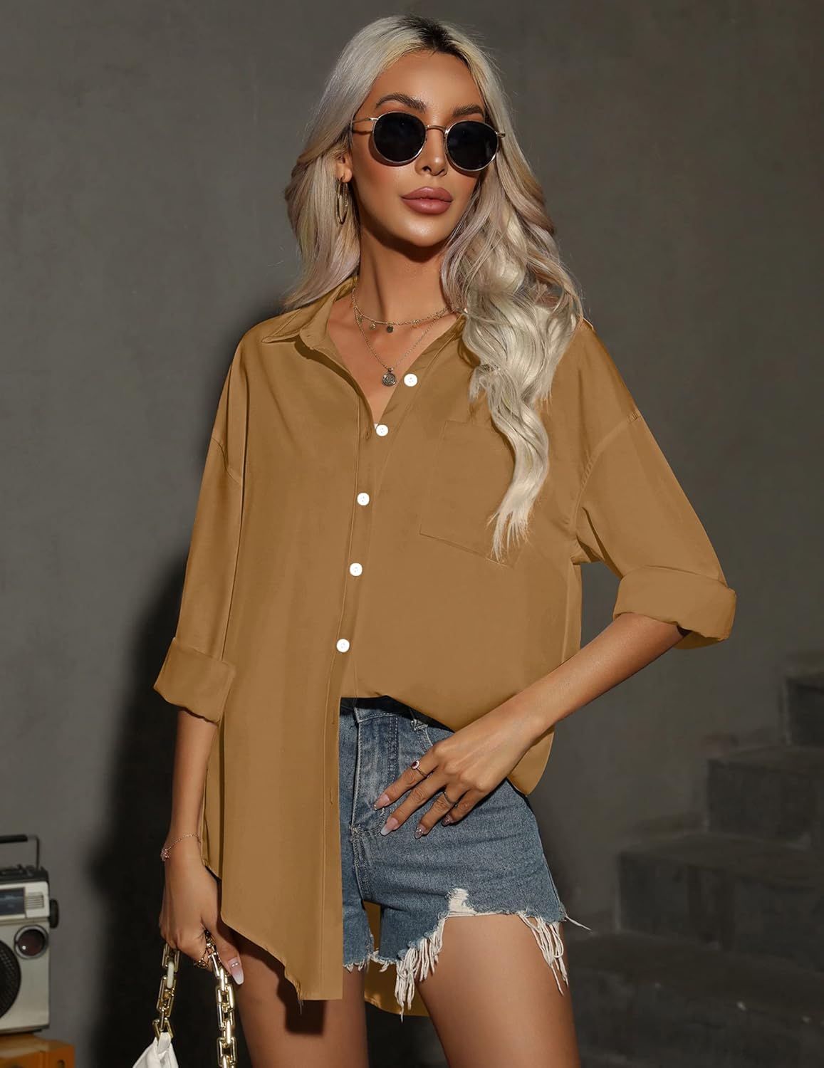HOTOUCH Women Button Down Shirts Office Drop Shoulder Oversized Blouse Long Sleeve Boyfriend Dress Shirt with PocketsDark Khaki
