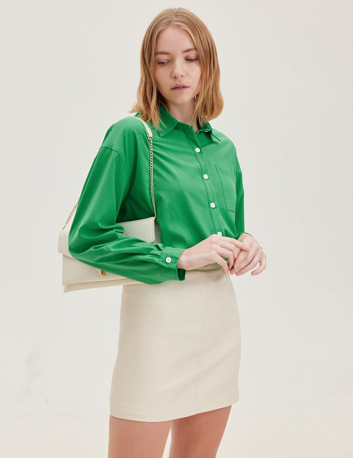 HOTOUCH Women Button Down Shirts Office Drop Shoulder Oversized Blouse Long Sleeve Boyfriend Dress Shirt with PocketsGreen
