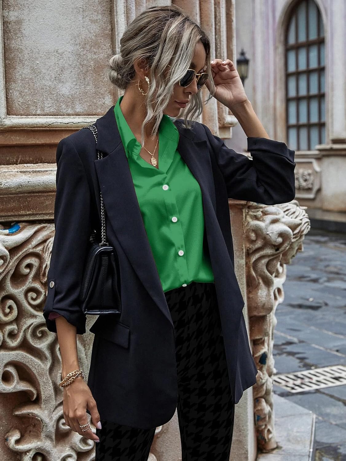 HOTOUCH Women Button Down Shirts Office Drop Shoulder Oversized Blouse Long Sleeve Boyfriend Dress Shirt with PocketsGreen