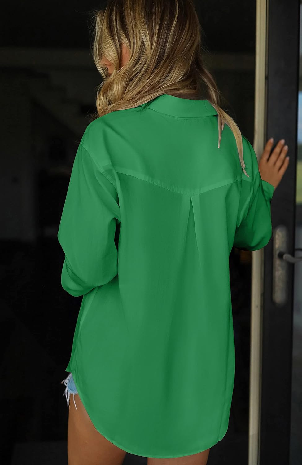 HOTOUCH Women Button Down Shirts Office Drop Shoulder Oversized Blouse Long Sleeve Boyfriend Dress Shirt with PocketsGreen