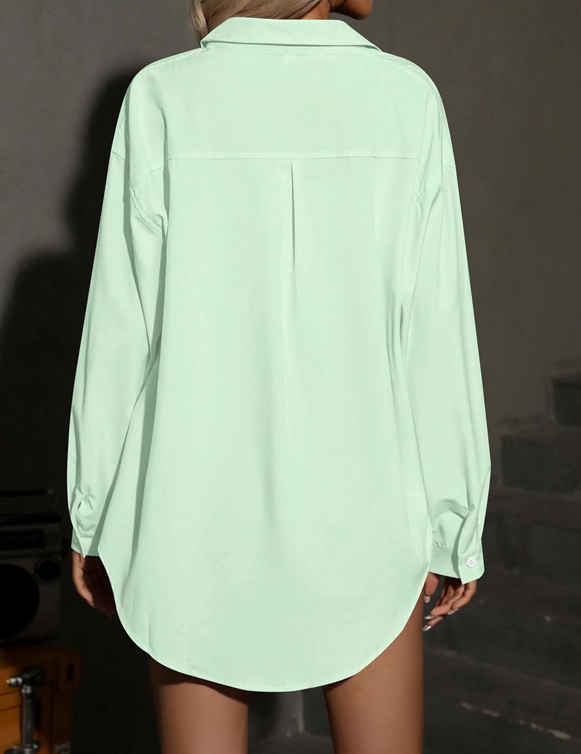HOTOUCH Women Button Down Shirts Office Drop Shoulder Oversized Blouse Long Sleeve Boyfriend Dress Shirt with PocketsLight Green