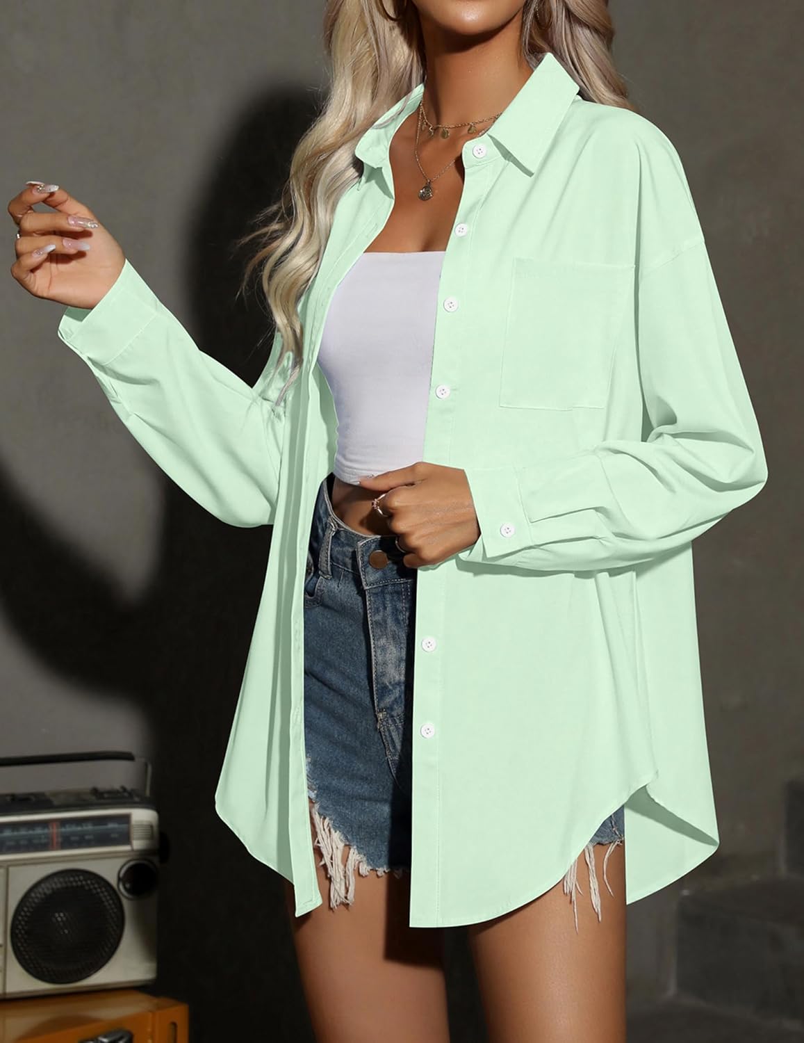 HOTOUCH Women Button Down Shirts Office Drop Shoulder Oversized Blouse Long Sleeve Boyfriend Dress Shirt with PocketsLight Green