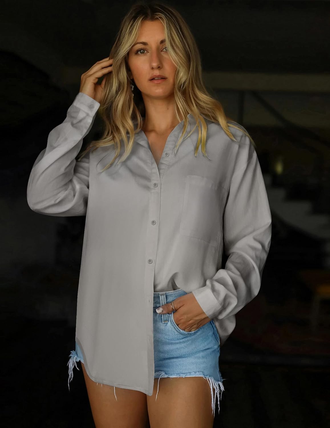 HOTOUCH Women Button Down Shirts Office Drop Shoulder Oversized Blouse Long Sleeve Boyfriend Dress Shirt with PocketsLight Grey