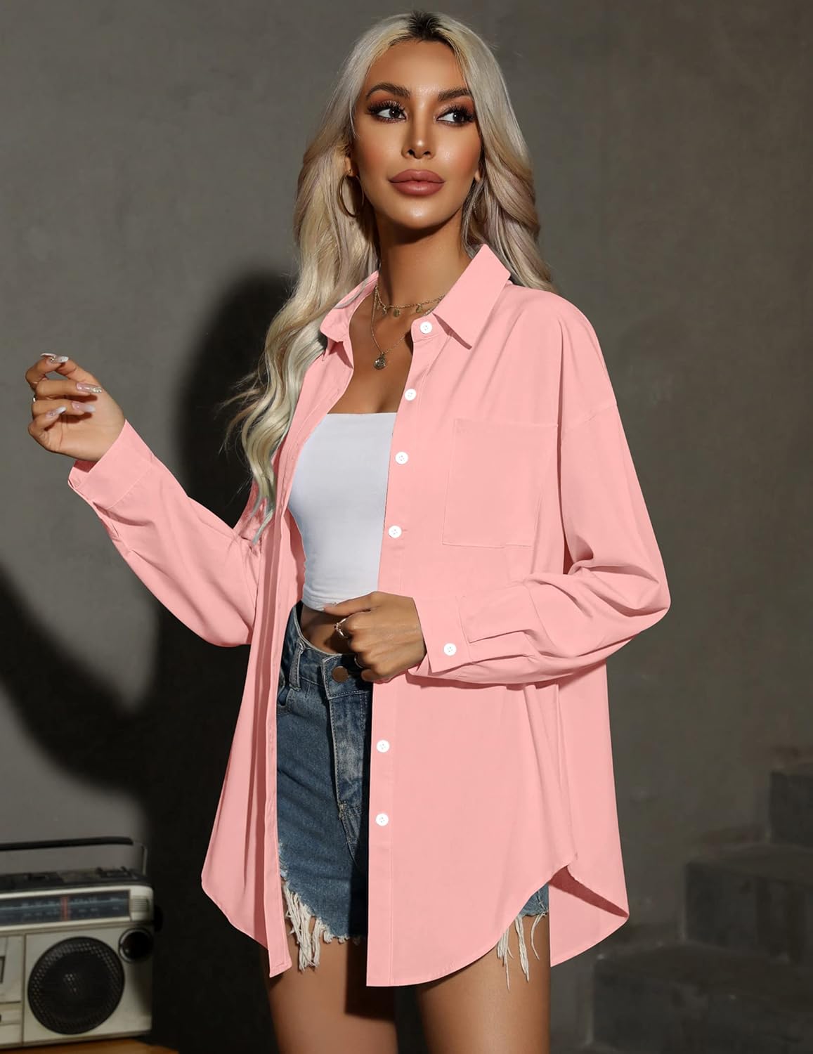 HOTOUCH Women Button Down Shirts Office Drop Shoulder Oversized Blouse Long Sleeve Boyfriend Dress Shirt with PocketsLight Pink