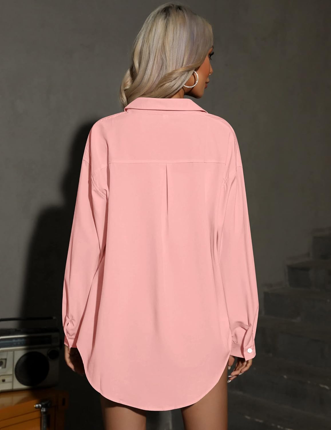 HOTOUCH Women Button Down Shirts Office Drop Shoulder Oversized Blouse Long Sleeve Boyfriend Dress Shirt with PocketsLight Pink
