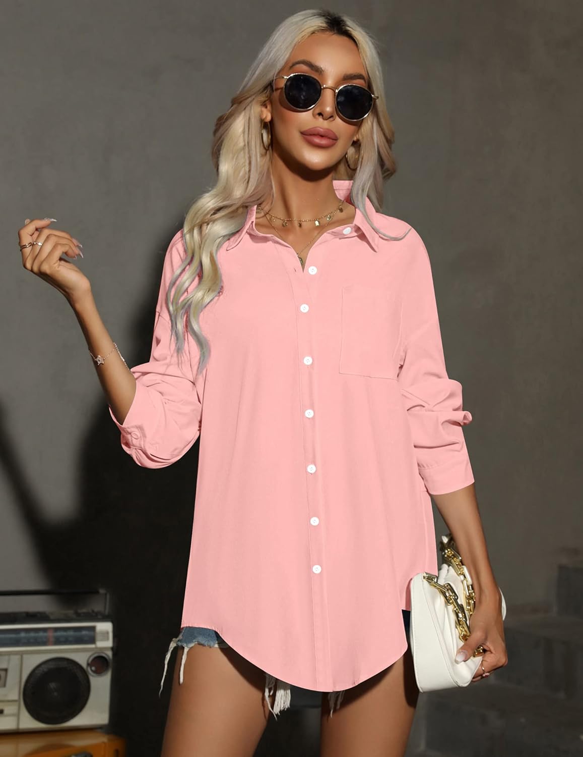 HOTOUCH Women Button Down Shirts Office Drop Shoulder Oversized Blouse Long Sleeve Boyfriend Dress Shirt with PocketsLight Pink
