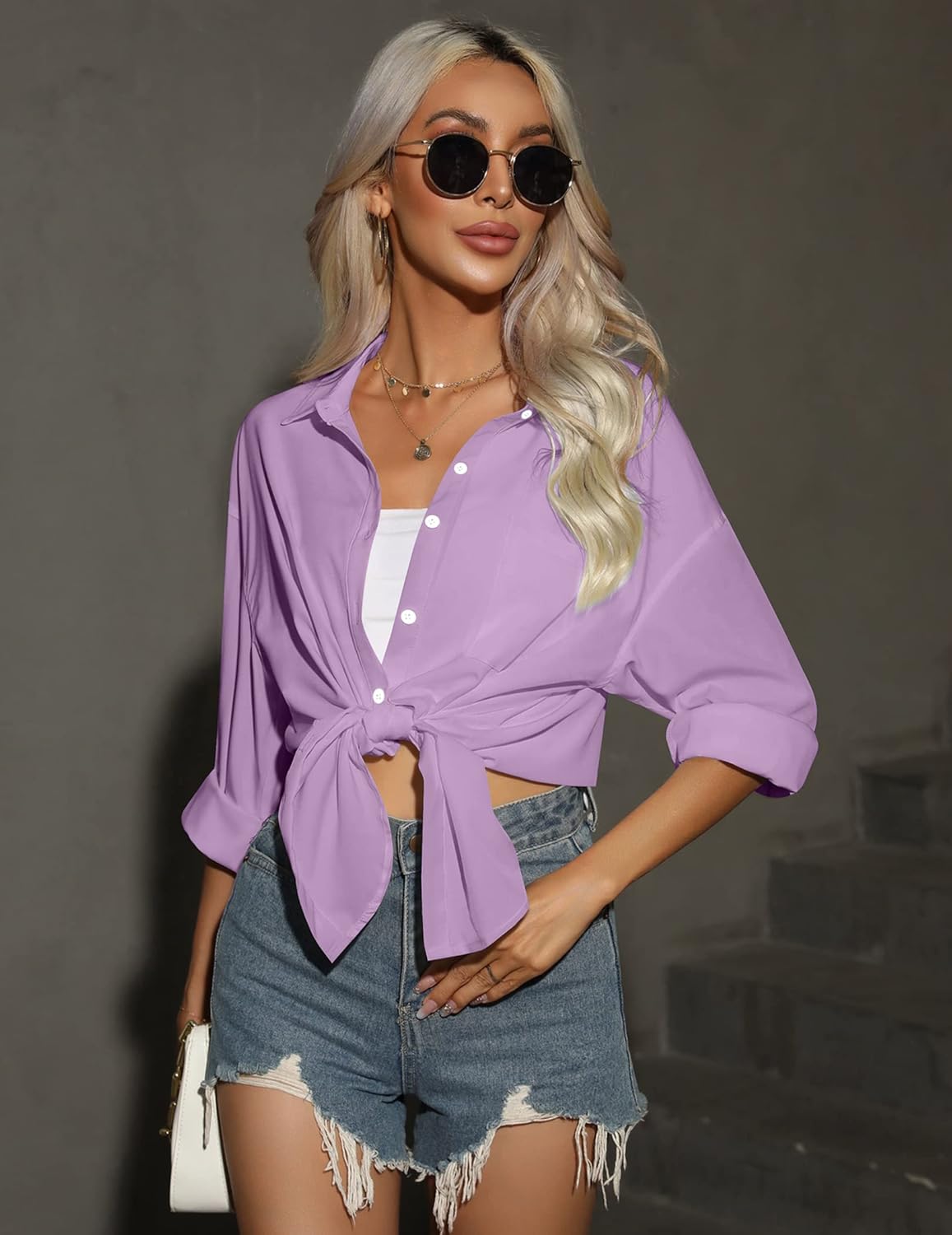 HOTOUCH Women Button Down Shirts Office Drop Shoulder Oversized Blouse Long Sleeve Boyfriend Dress Shirt with PocketsPurple