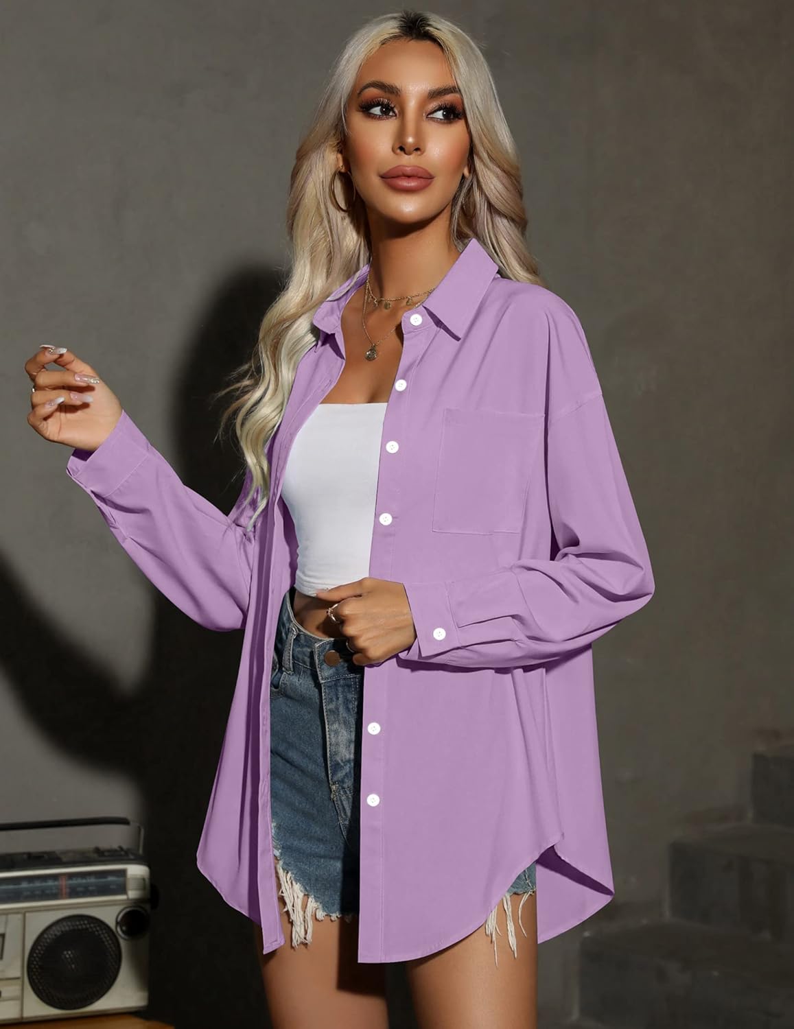 HOTOUCH Women Button Down Shirts Office Drop Shoulder Oversized Blouse Long Sleeve Boyfriend Dress Shirt with PocketsPurple