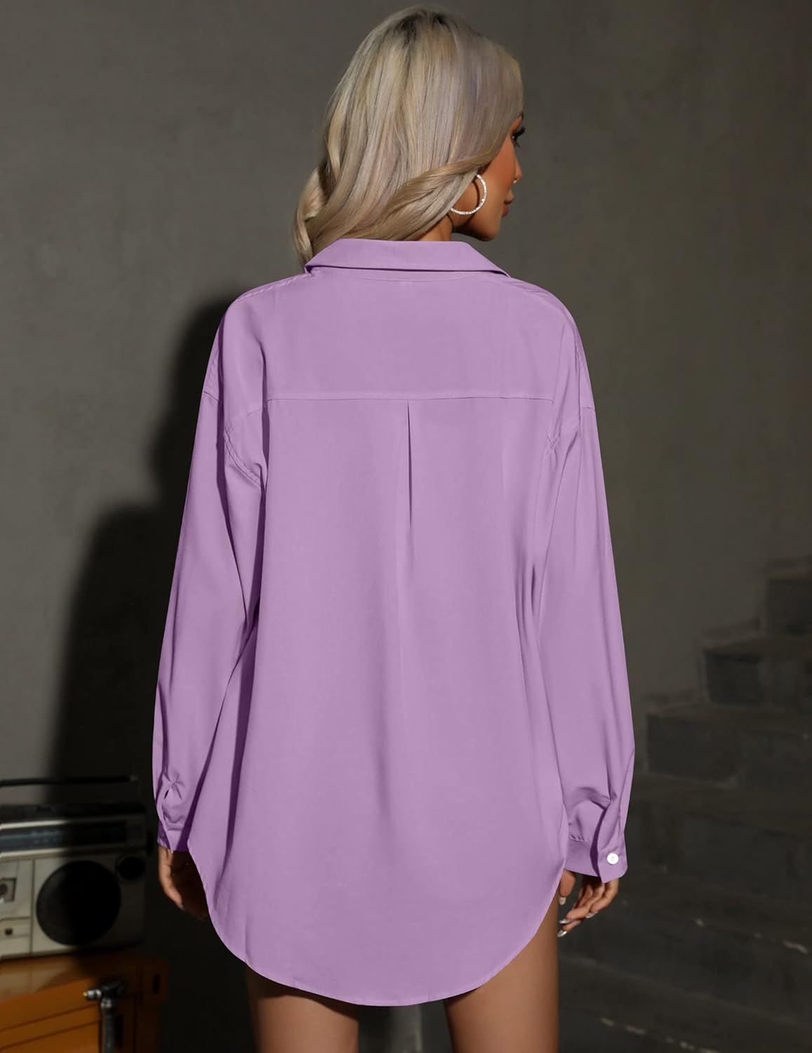 HOTOUCH Women Button Down Shirts Office Drop Shoulder Oversized Blouse Long Sleeve Boyfriend Dress Shirt with PocketsPurple