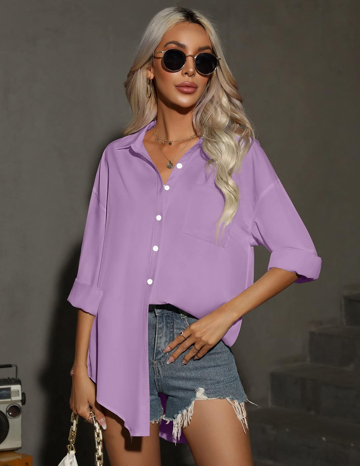 HOTOUCH Women Button Down Shirts Office Drop Shoulder Oversized Blouse Long Sleeve Boyfriend Dress Shirt with PocketsPurple