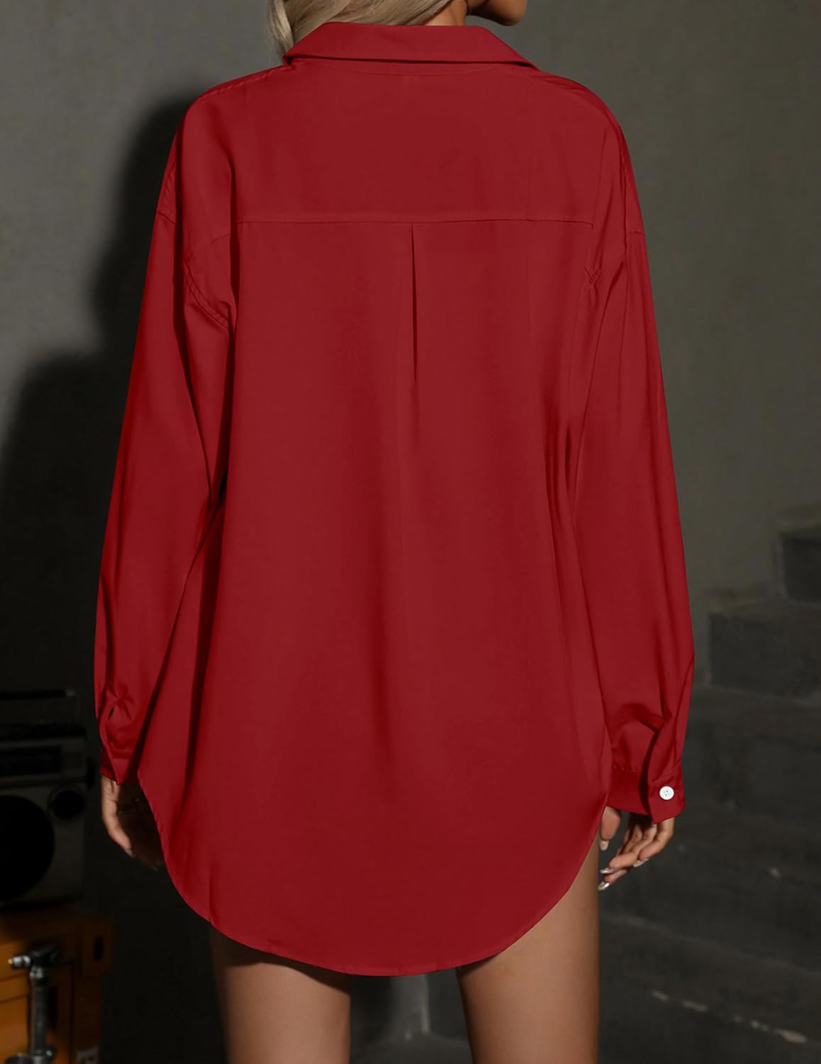 HOTOUCH Women Button Down Shirts Office Drop Shoulder Oversized Blouse Long Sleeve Boyfriend Dress Shirt with PocketsRed