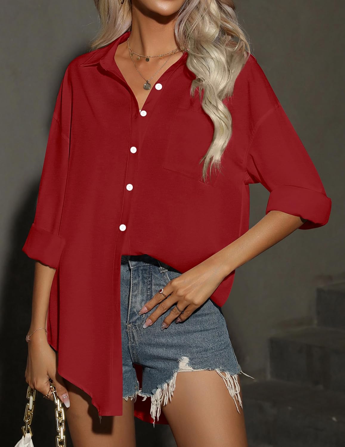 HOTOUCH Women Button Down Shirts Office Drop Shoulder Oversized Blouse Long Sleeve Boyfriend Dress Shirt with PocketsRed