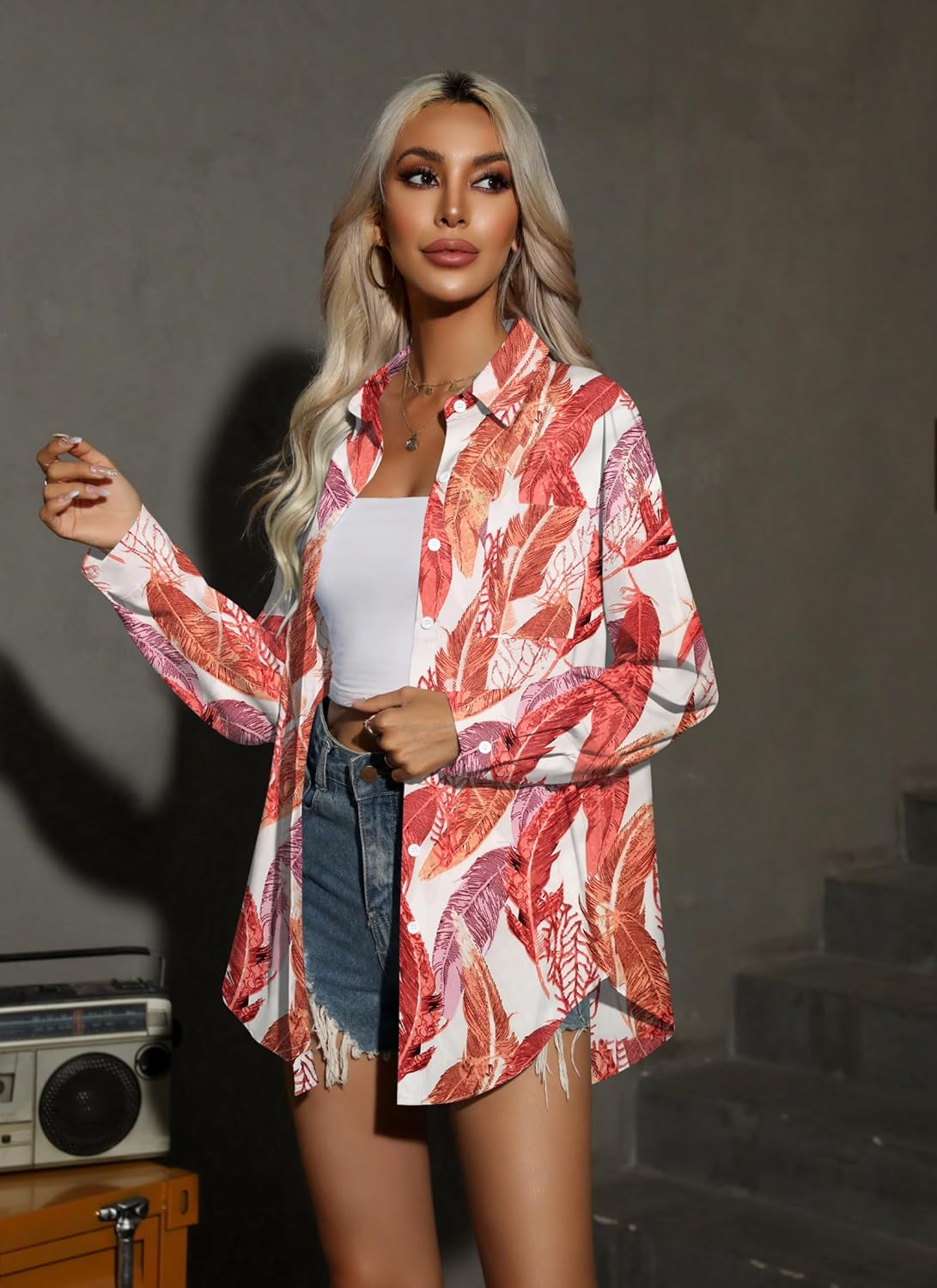 HOTOUCH Women Button Down Shirts Office Drop Shoulder Oversized Blouse Long Sleeve Boyfriend Dress Shirt with PocketsRed Leaves