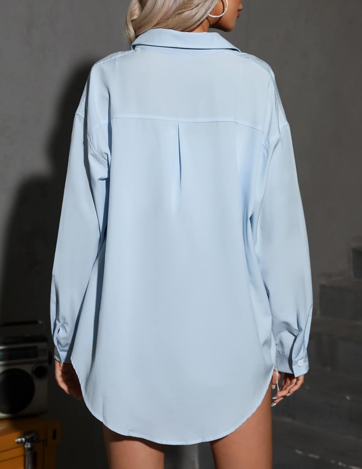HOTOUCH Women Button Down Shirts Office Drop Shoulder Oversized Blouse Long Sleeve Boyfriend Dress Shirt with PocketsSky Blue