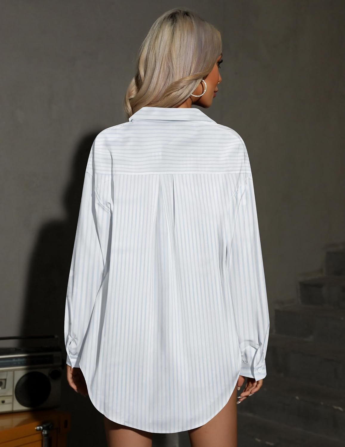 HOTOUCH Women Button Down Shirts Office Drop Shoulder Oversized Blouse Long Sleeve Boyfriend Dress Shirt with PocketsStripes