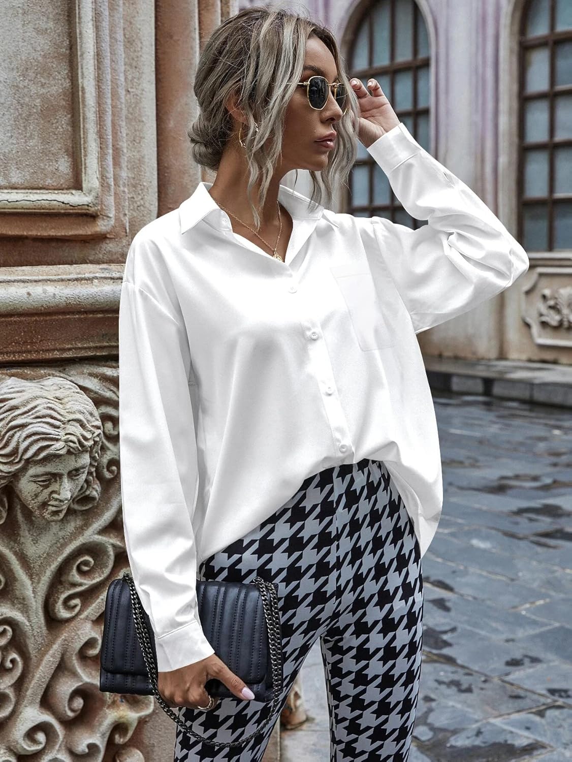 HOTOUCH Women Button Down Shirts Office Drop Shoulder Oversized Blouse Long Sleeve Boyfriend Dress Shirt with PocketsWhite