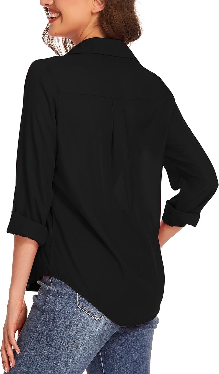 HOTOUCH Women Button Down Shirts with Pockets Long Sleeve Office Blouses Casual Business Tops Slim Fit Chiffon Shirts SXXLA Black