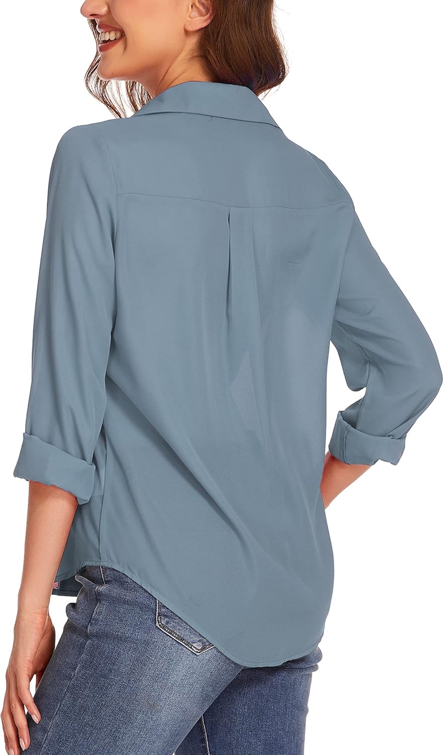 HOTOUCH Women Button Down Shirts with Pockets Long Sleeve Office Blouses Casual Business Tops Slim Fit Chiffon Shirts SXXLBlue Grey
