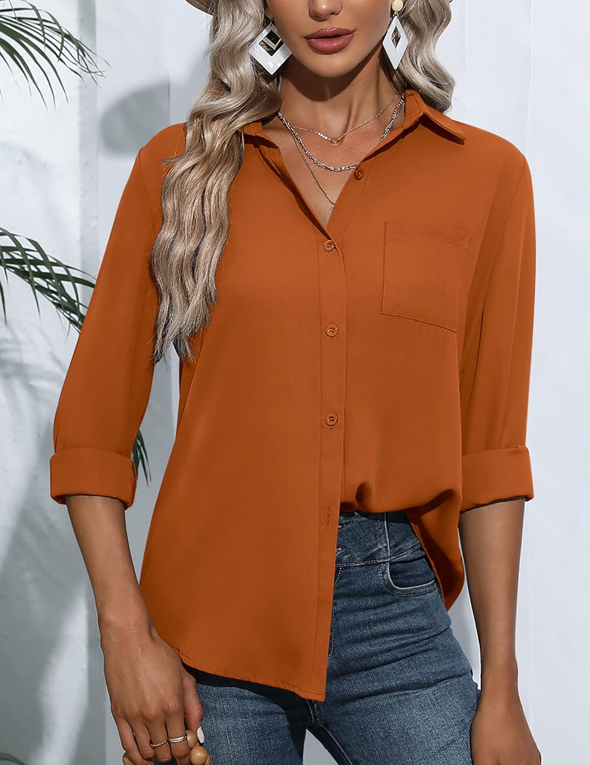 HOTOUCH Women Button Down Shirts with Pockets Long Sleeve Office Blouses Casual Business Tops Slim Fit Chiffon Shirts SXXLOrange