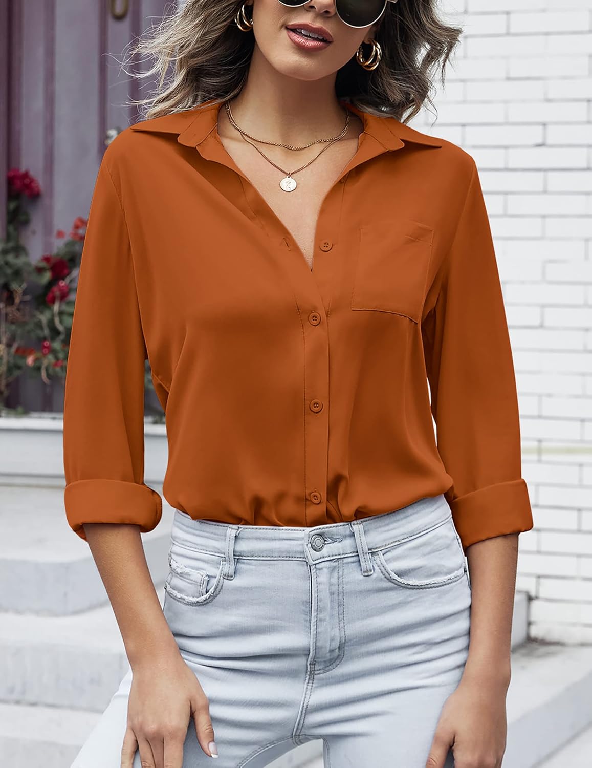 HOTOUCH Women Button Down Shirts with Pockets Long Sleeve Office Blouses Casual Business Tops Slim Fit Chiffon Shirts SXXLOrange