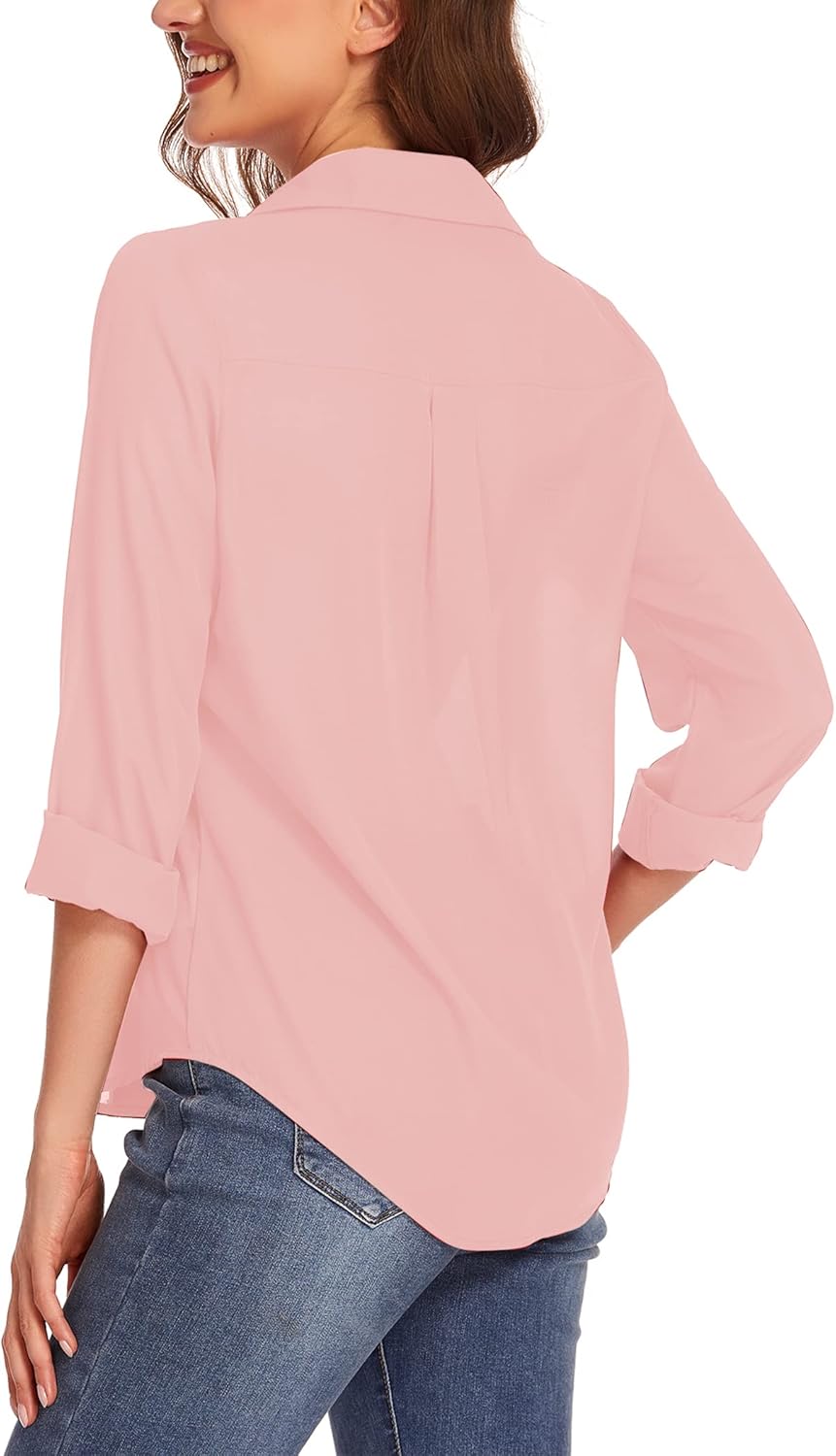 HOTOUCH Women Button Down Shirts with Pockets Long Sleeve Office Blouses Casual Business Tops Slim Fit Chiffon Shirts SXXLPink