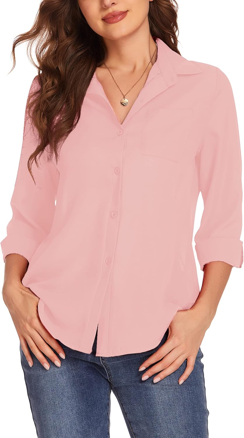 HOTOUCH Women Button Down Shirts with Pockets Long Sleeve Office Blouses Casual Business Tops Slim Fit Chiffon Shirts SXXLPink