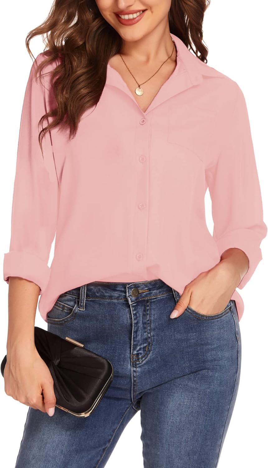 HOTOUCH Women Button Down Shirts with Pockets Long Sleeve Office Blouses Casual Business Tops Slim Fit Chiffon Shirts SXXLPink
