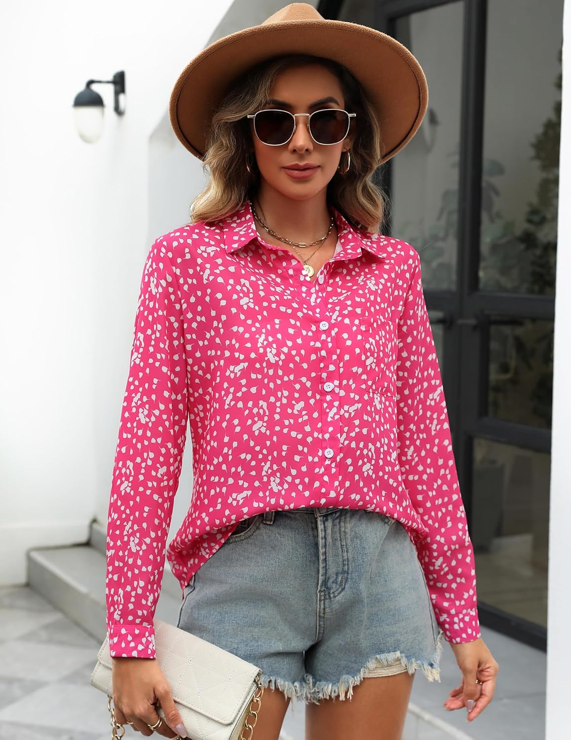 HOTOUCH Women Button Down Shirts with Pockets Long Sleeve Office Blouses Casual Business Tops Slim Fit Chiffon Shirts SXXLPink Polka Dots